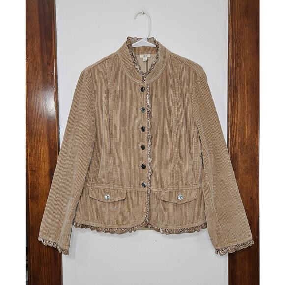J. Jill Tan Corduroy Button Up Jacket Size Large Ruffles Ribbed Pockets - Picture 9 of 11